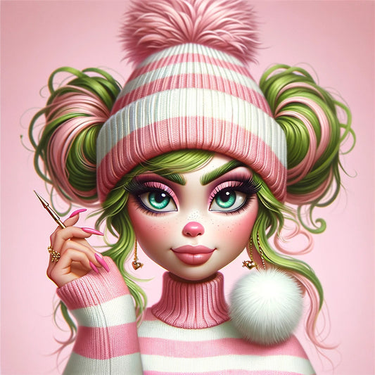 Bougie Green Girl Pink and White Striped Sweater Ponytails 2