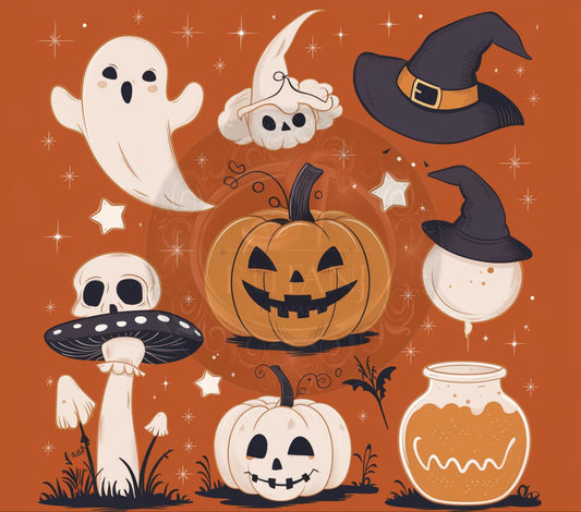 Retro Trend for Halloween 20oz Skinny Tumbler Wrap Ghosts Pumpkin Skeleton PNG Witch Potion