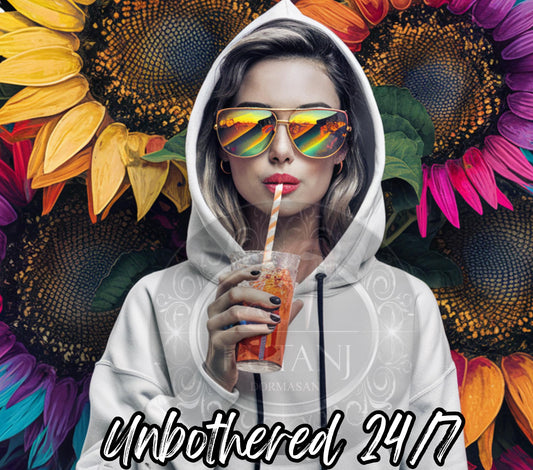 Unbothered 24 7 White PNG Sublimation 20oz Skinny Tumbler Primary Colors Summer Season Sunflowers